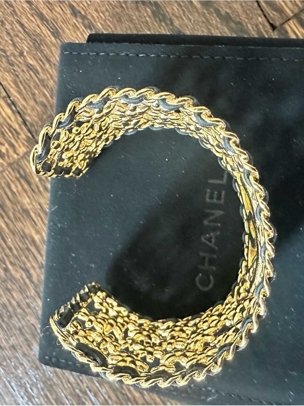 CHANEL Gold Crystal CC Filigree Cuff Bracelet with Black Leather Weave - Picture 3 of 5